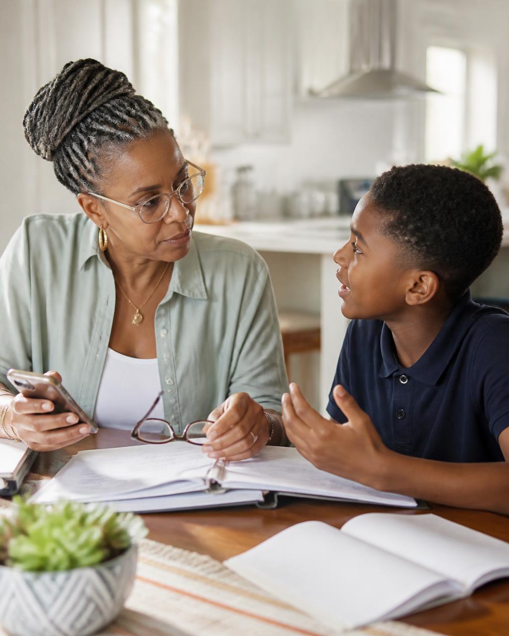 A grandmother reviewing school paperwork while listening to her grandson