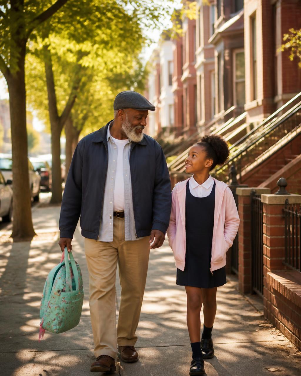 A grandfather walking home from school with his granddaughter